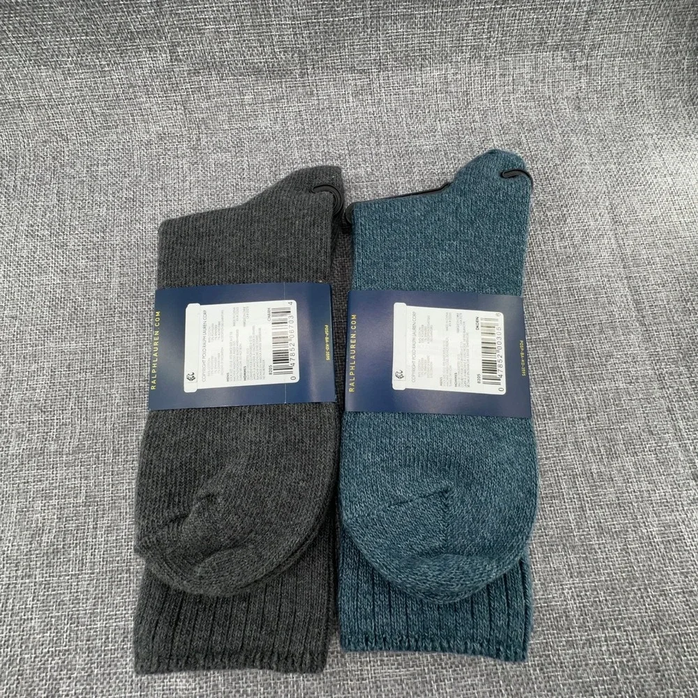 2 Pair of Polo Ralph Lauren Crew Socks Mens Sz 10-13 Grey Blue Ribbed Cotton NEW